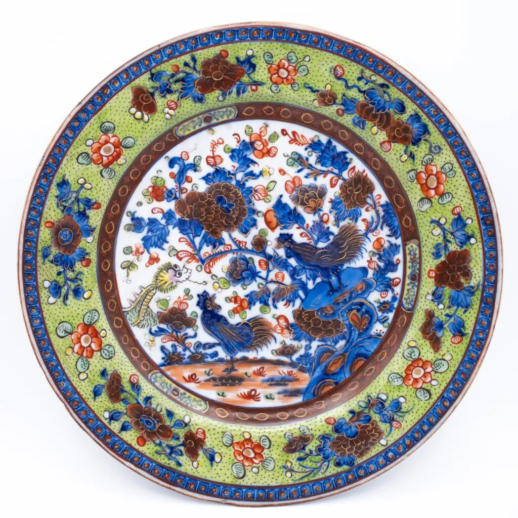 Antique Chinese Clobbered Blue and White Export Porcelain Dish With Chickens. 18th century