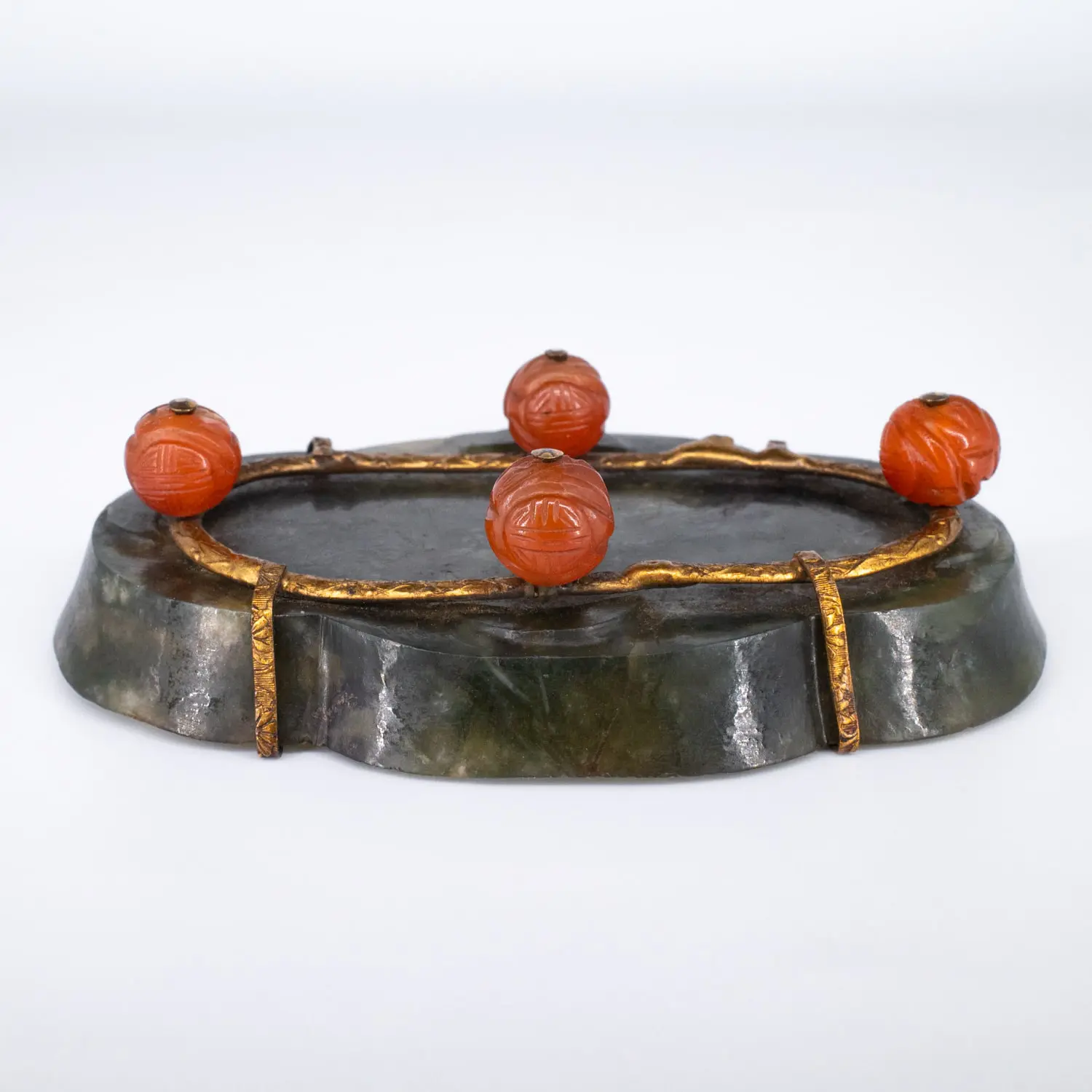 Antique Chinese Carved Spinach Jade Brush Washer With Agate Feet. Qing Dynasty