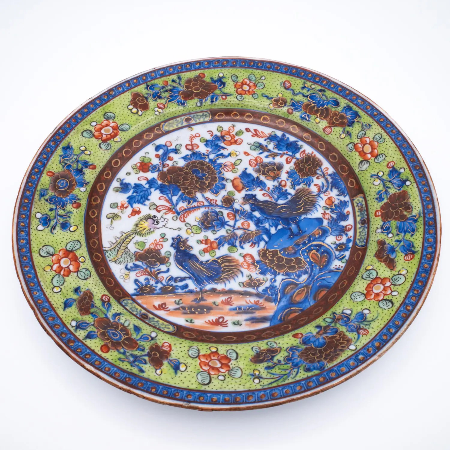 Antique Chinese Clobbered Blue and White Export Porcelain Dish With Chickens. 18th century