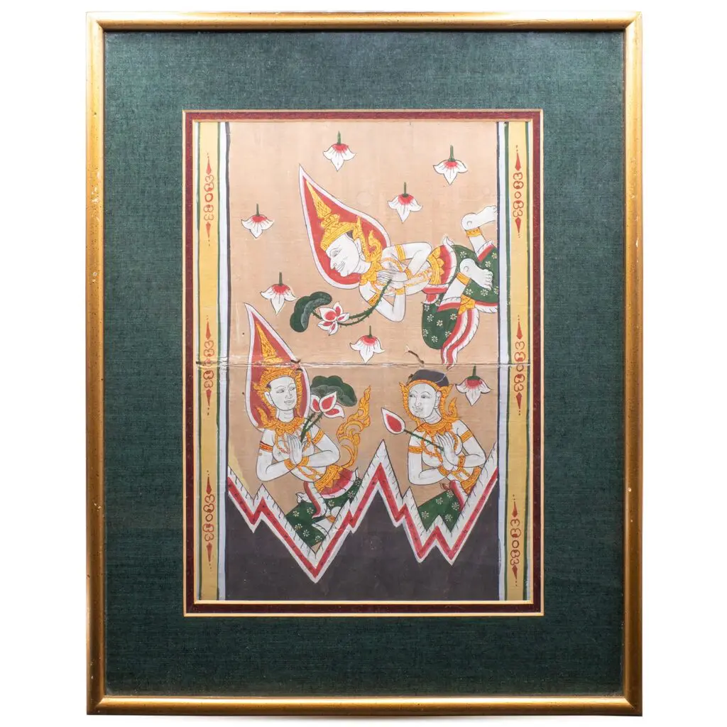 Antique Thai Gouache Painting From Samut Khoi Folding Buddhist Manuscript Framed