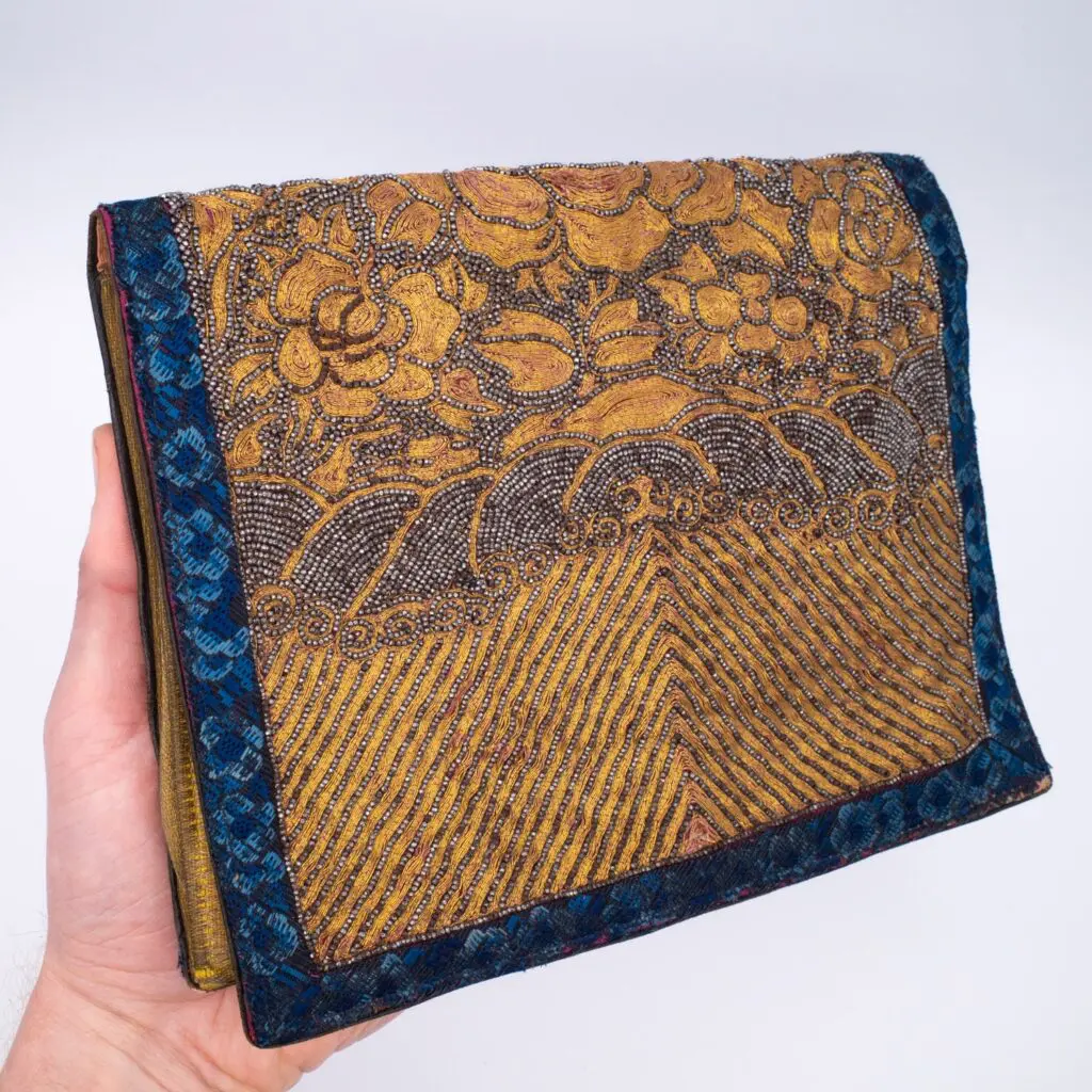 Antique Chinese Silk Embroidery Gold Thread Art Deco Clutch Bag. c. 1930s