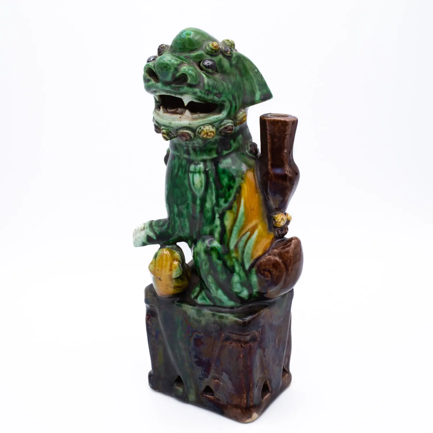 Antique Chinese Sancai Glazed Porcelain Foo Lion Joss Stick Holder. Qing Dynasty