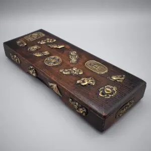 Antique Japanese Wooden Fubako Covered in Menuki Tsuka Ornaments. Meiji Period