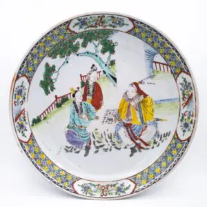 Antique Chinese Famille Rose Porcelain Charger With Figures Playing Go. Qing Dynasty