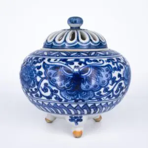Antique Japanese Blue and White Kutani Porcelain Tripod Koro Incense Burner. Marked 九谷