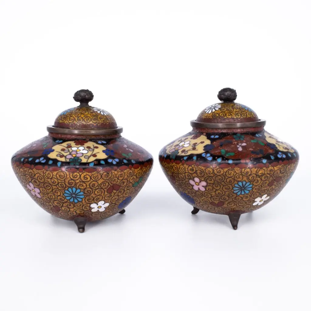 Pair of Antique Japanese Cloisonne Koro Incense Burners. Meiji Period