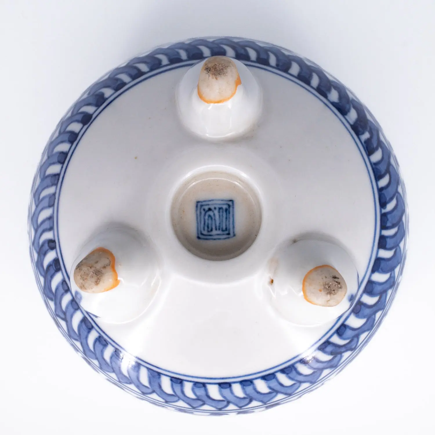 Antique Japanese Blue and White Kutani Porcelain Tripod Koro Incense Burner. Marked 九谷