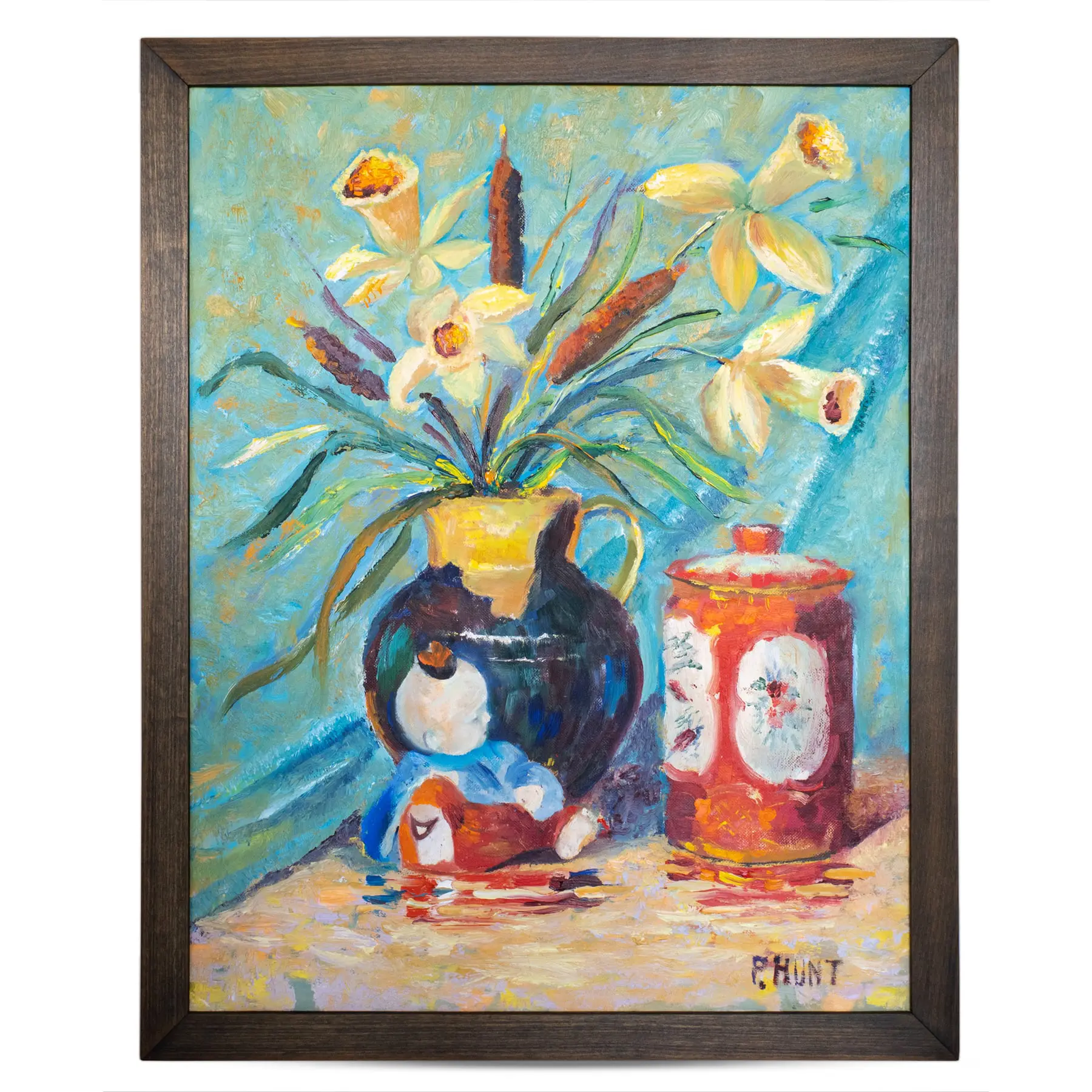Fine Original Mid Century Still Life Oil Painting With Japanese Kutani Porcelain. Signed P. Hunt
