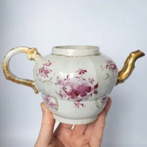 Antique Chinese 18th Century Export Porcelain Teapot With Puce Decoration