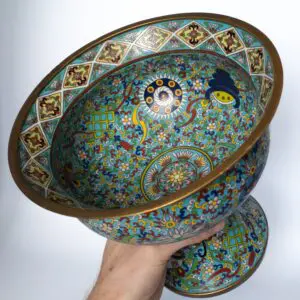 Fine Chinese Blue Ground Cloisonne Enamel Buddhist Ashtamangala Pedestal Bowl