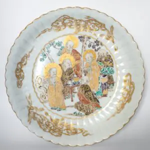 Antique Japanese Satsuma Style Fluted Dish With Arhats