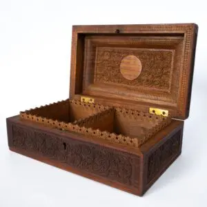 Fine Antique Anglo-Indian Relief Carved Wooden Box With Domed Lid