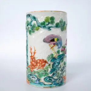 Fine Antique Chinese Relief Moulded Famille Rose Porcelain Brush Pot. Qing Dynasty