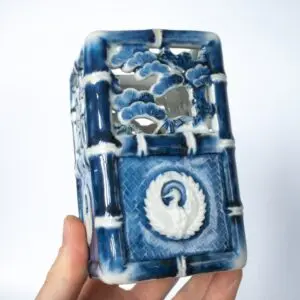 Antique Japanese Reticulated Blue and White Porcelain Vase With Three Friends of Winter