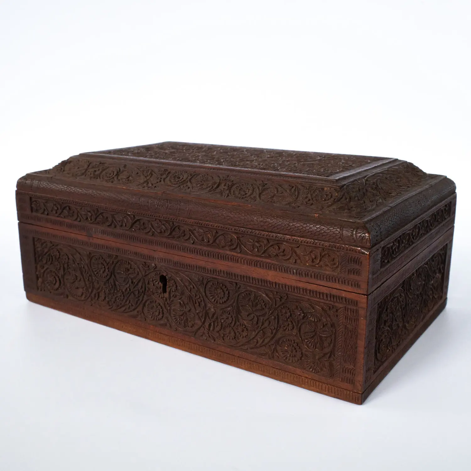 Fine Antique Anglo-Indian Relief Carved Wooden Box With Domed Lid