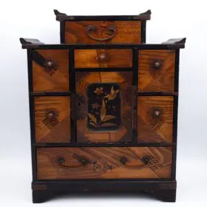 Antique Japanese Parquetry Inlaid Lacquered Table Cabinet. Meiji Period