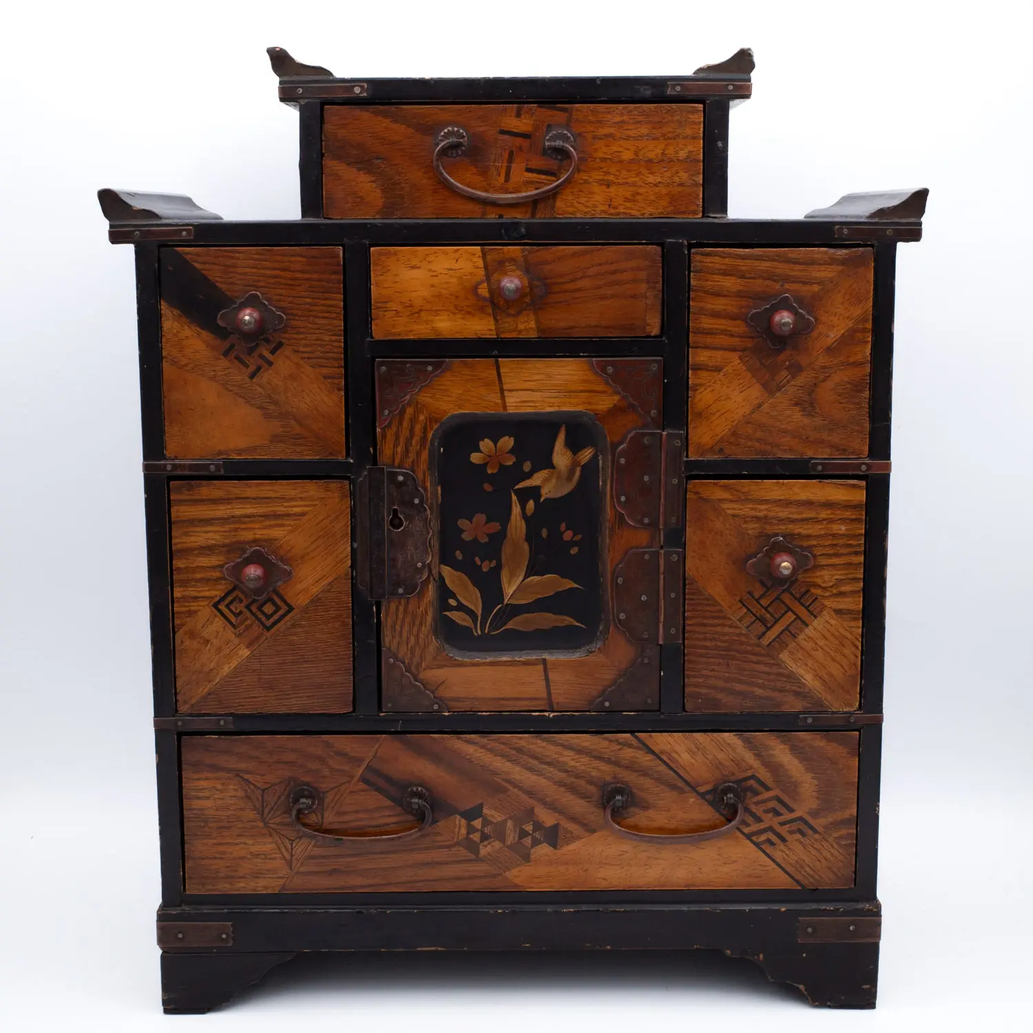 Antique Japanese Parquetry Inlaid Lacquered Table Cabinet. Meiji Period