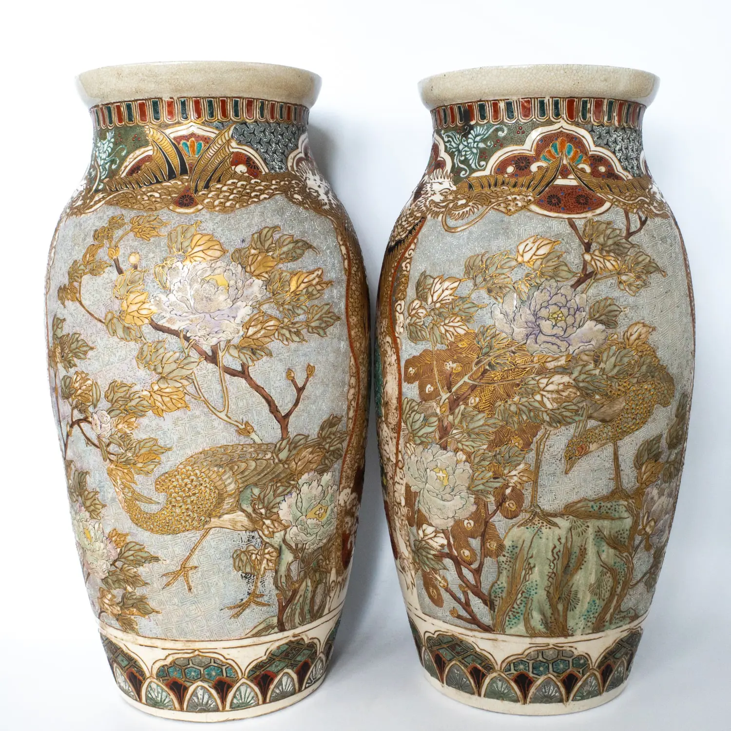 Large Pair of Antique Japanese Meiji Satsuma Pottery Vases With Samurai Warriors