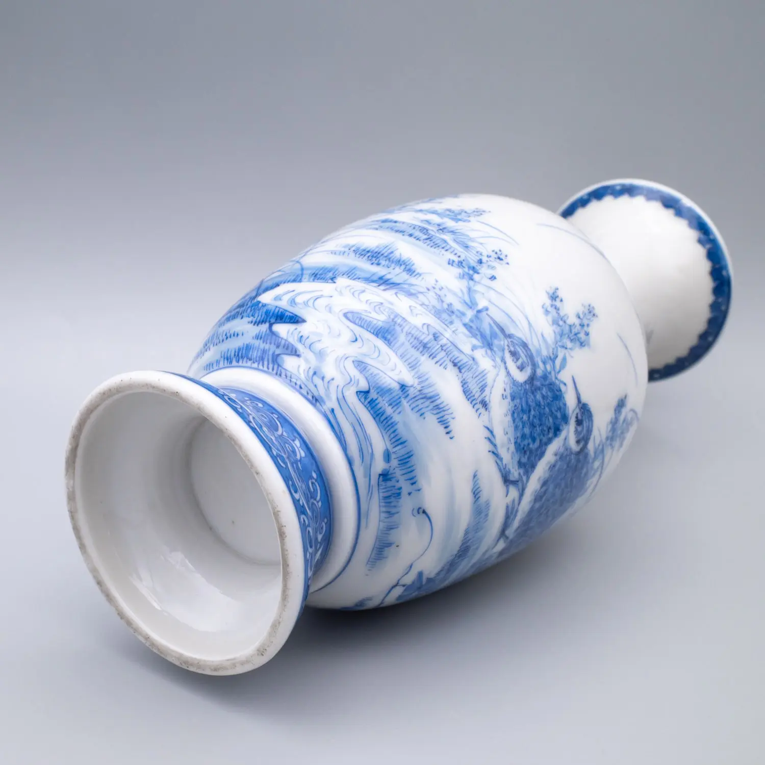 Fine Antique Japanese Blue and White Seto Porcelain Vase With Quails. Meiji Period