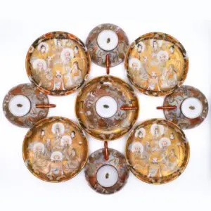 Fine Antique Japanese Satsuma Style Porcelain Cups and Saucers by Ikawa 井川造