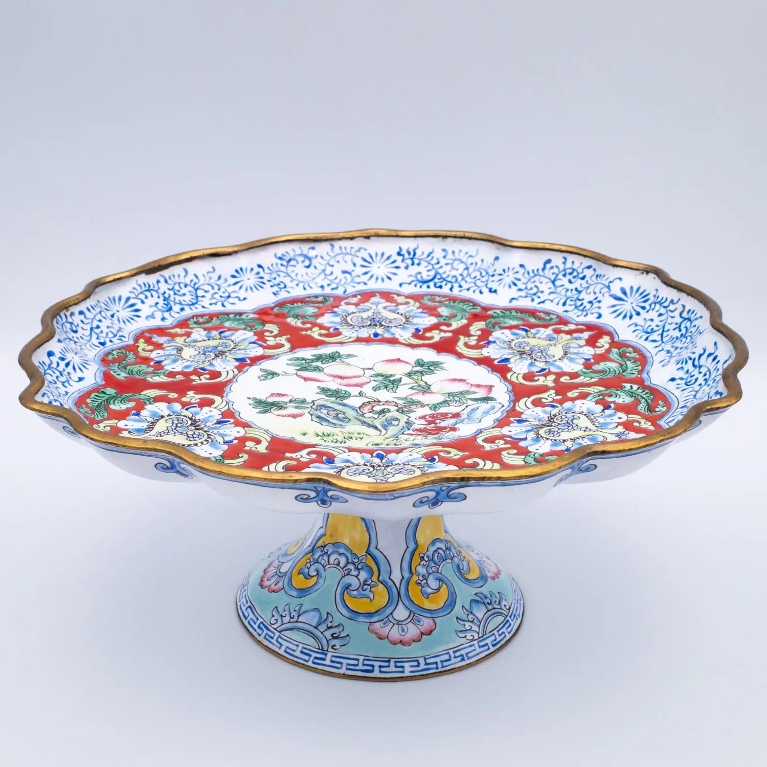 Fine Chinese Vintage Canton Enamel Tazza Pedestal Dish With Auspicious Symbols