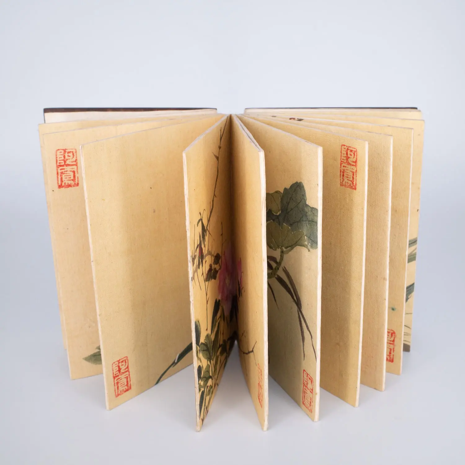 Rare Vintage Chinese Album of Silk Paintings with Hardwood Covers. 20th Century
