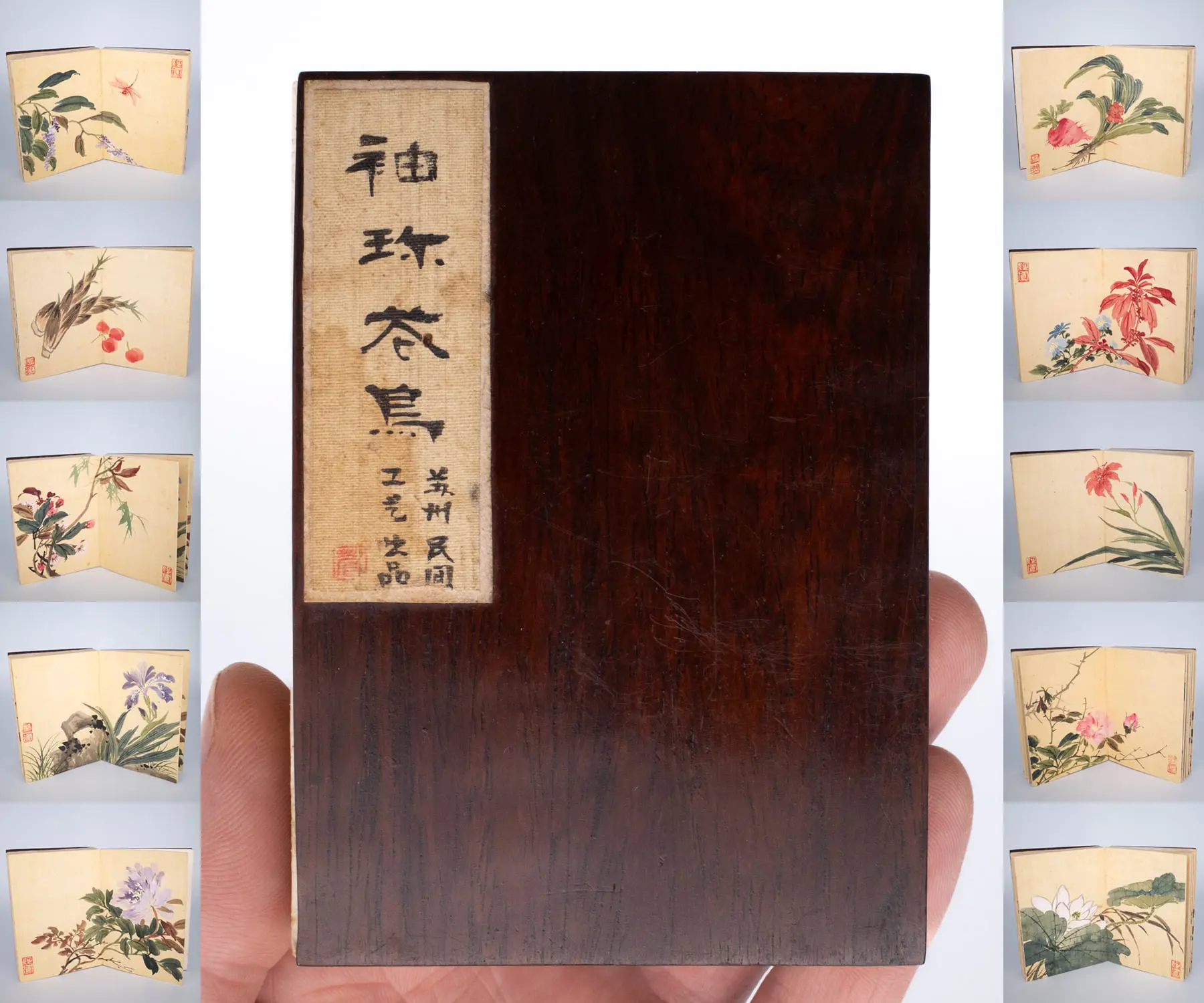 Rare Vintage Chinese Album of Silk Paintings with Hardwood Covers. 20th Century