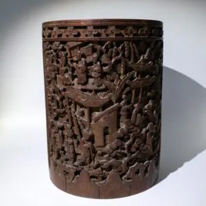 Large Antique Chinese Carved Bamboo Bitong Brush Pot. 19th Century, Qing Dynasty