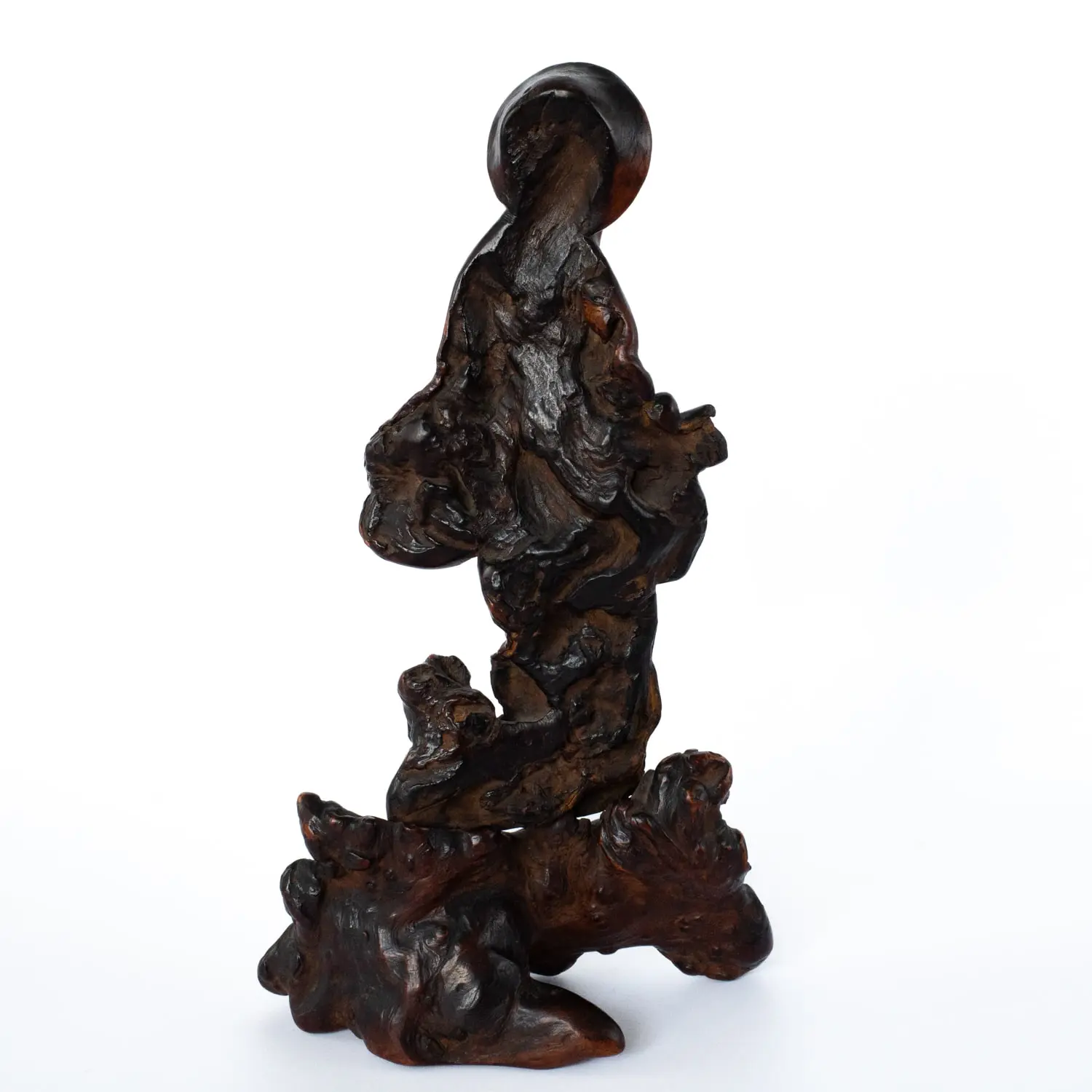 Antique Chinese Root Wood Figure of Shouxing Holding a Peach. Qing Dynasty