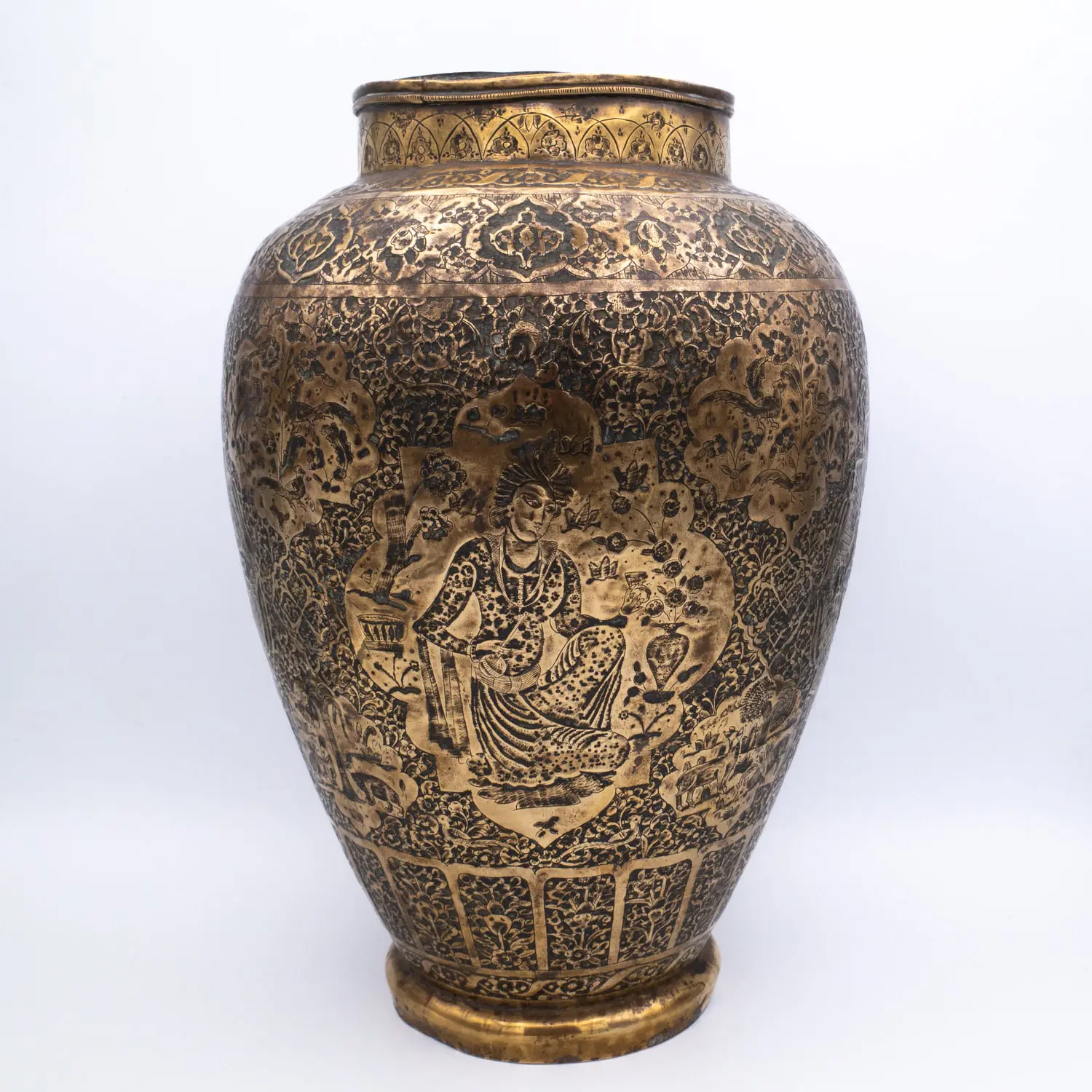 Large Antique Persian Islamic Engraved Brass Vase. Qajar Dynasty, 19th Century