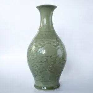 Antique Chinese Celadon Glazed Porcelain Vase With Incised Decoration. Late Qing Dynasty