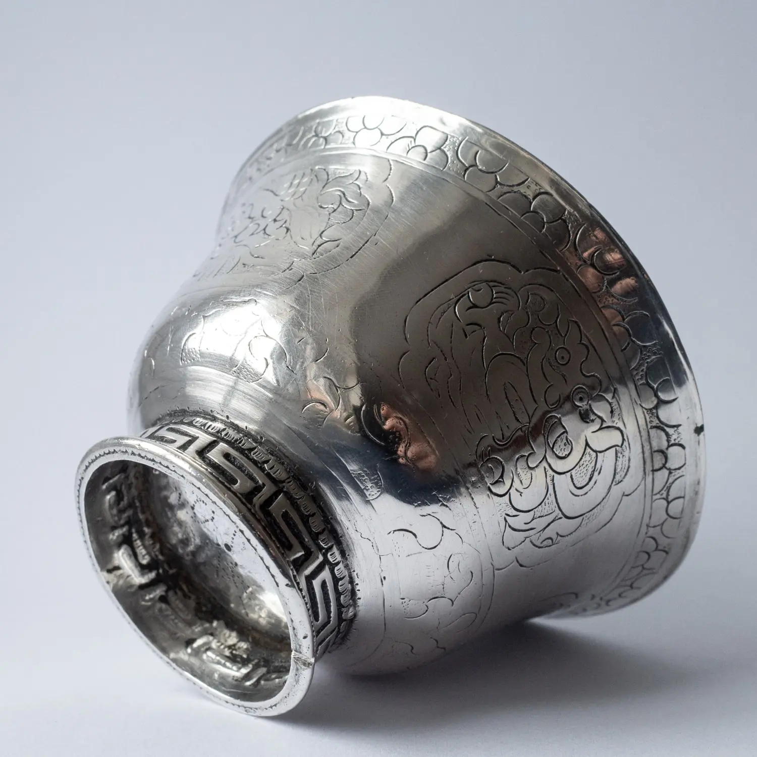 Fine Antique Tibetan Buddhist Engraved Silver Offering Cup. 71.6g