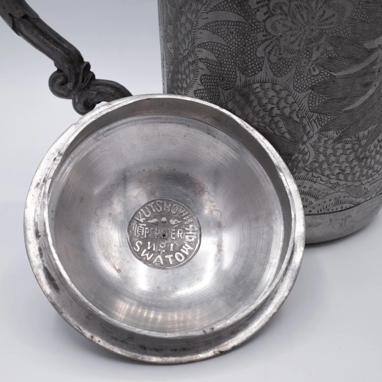 Fine Chinese Swatow Kut Shown Engraved Pewter Teapot with Strainer. 20th Century
