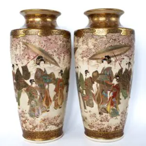 Fine Pair of Antique Japanese Satsuma Pottery Vases by Gyokuzan. Meiji Period