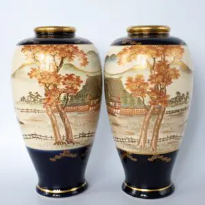 Antique Japanese Cobalt Blue Satsuma Pottery Vases Marked Taisen. Early 20th century