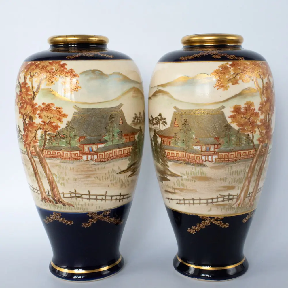 Antique Japanese Cobalt Blue Satsuma Pottery Vases Marked Taisen Early 20th c.