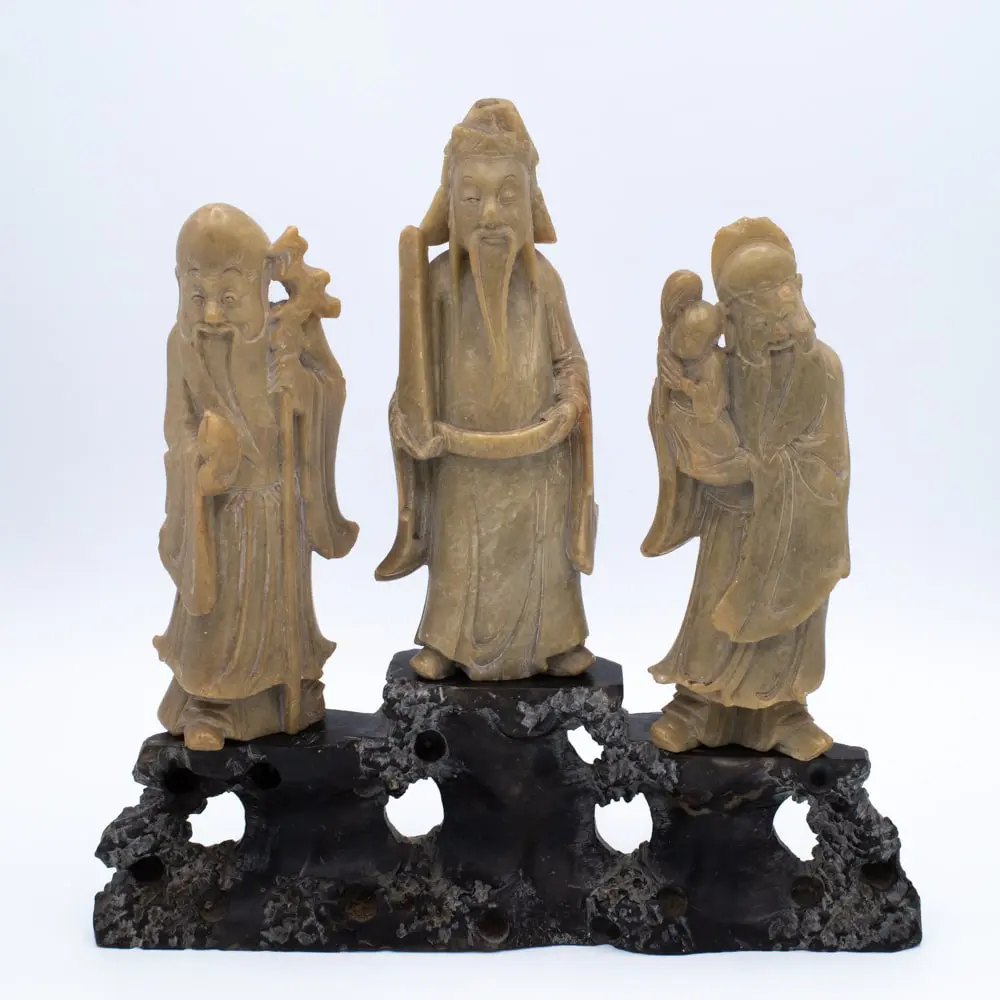 Vintage Chinese Soapstone Carved Figural Group of Sanxing Three Star Gods 20th century
