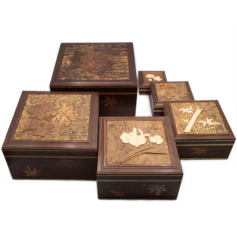 Fine Japanese Set of Nesting Wooden Boxes With Relief Bark Decoration. 20th century