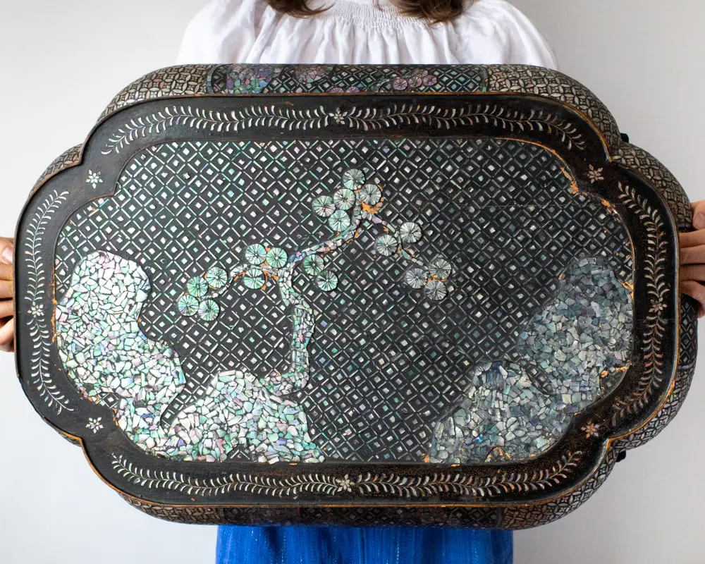 Antique Japanese Edo Period Ryukyu Mother of Pearl Inlay Lacquer Raden Table
