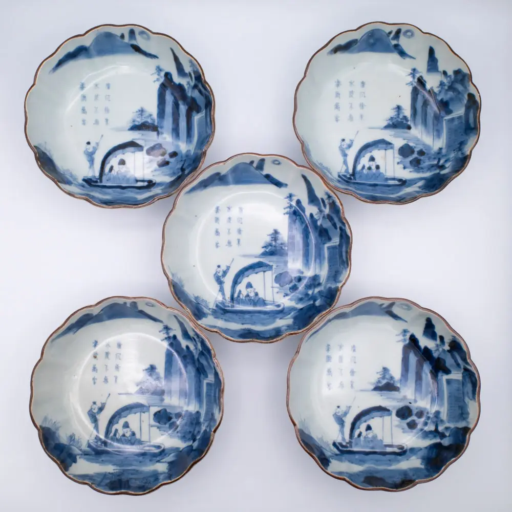 Antique Japanese Blue White Arita Porcelain Bowls Ode to the Red Cliff. 18-19th c.