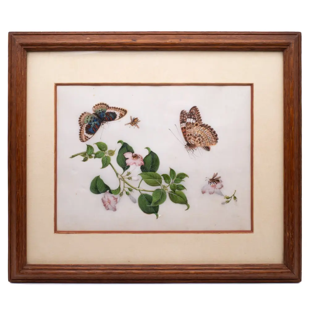 Antique Chinese Export Painting on Pith Paper Butterflies and Flowers. 19th c. Qing