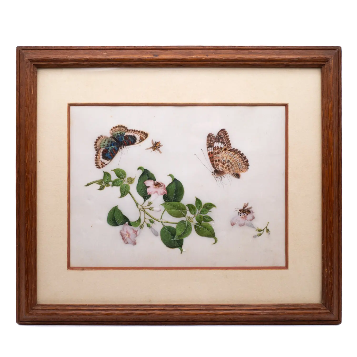 Antique Chinese Export Painting on Pith Paper With Butterflies and Flowers. Qing Dynasty