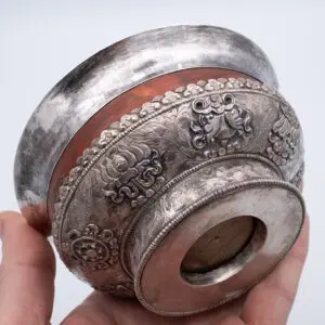 Fine Antique Tibetan Wood and Silver Buddhist Ashtamangala Jha Phor Tsampa Bowl
