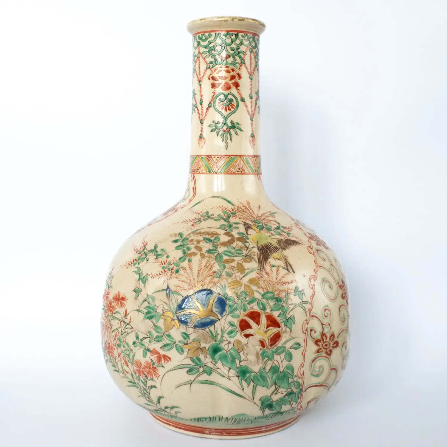 Antique Japanese Awata Satsuma Pottery Bottle Vase By Kinkozan. Early 20th century