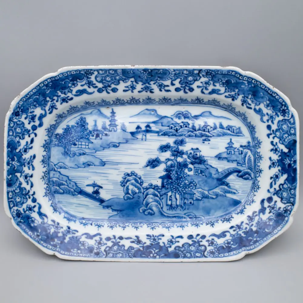 Chinese Antique Qianlong Blue White Export Porcelain Landscape Platter 25.7x17cm 