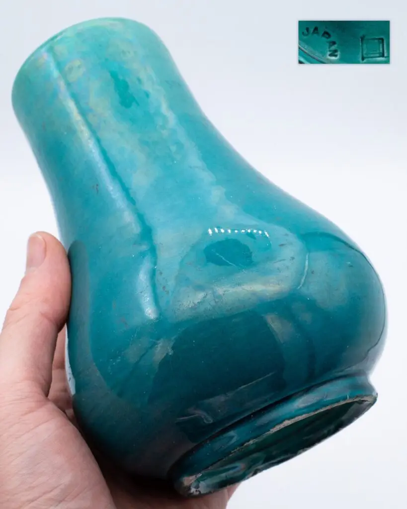 Antique Japanese Awaji Pottery Turquoise Glazed Vase With Sanpei Kiln Flag Mark
