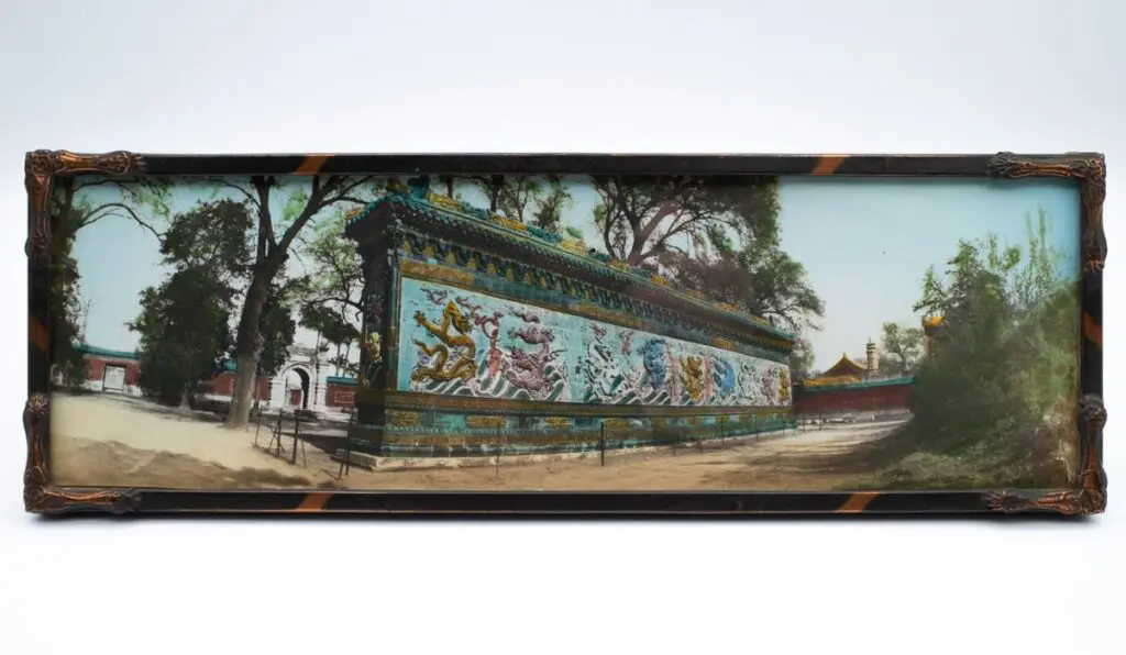 Chinese Antique Hand Tinted Photograph of Nine Dragon Wall Early 20thc Framed
