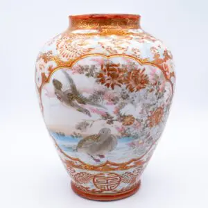 Fine Antique Japanese Kutani Porcelain Vase With Birds and Insects. Meiji Era