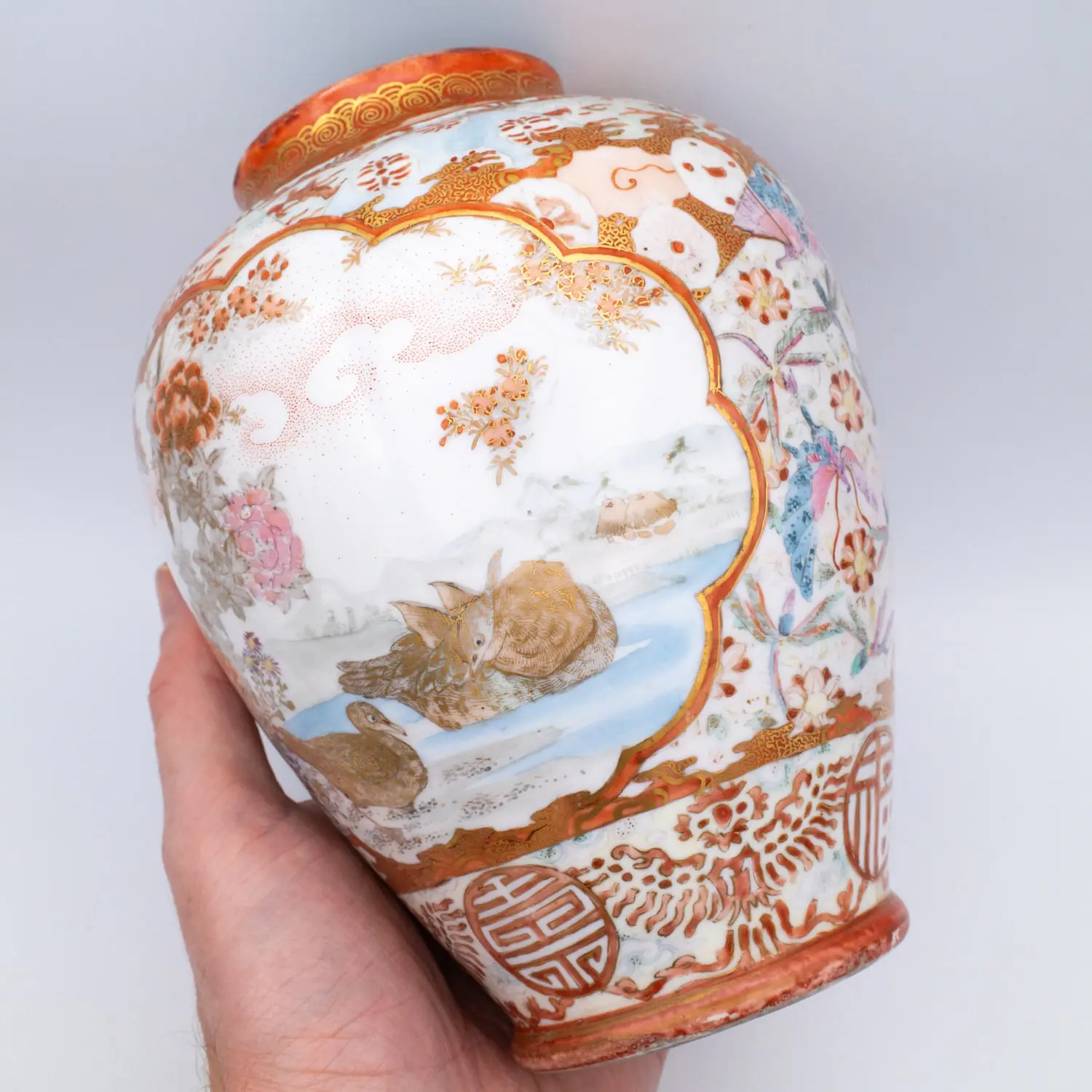 Fine Antique Japanese Kutani Porcelain Vase With Birds and Insects. Meiji Era