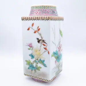 Fine Vintage Chinese Famille Rose Porcelain Cong Vase With Birds and Flowers. 20th century